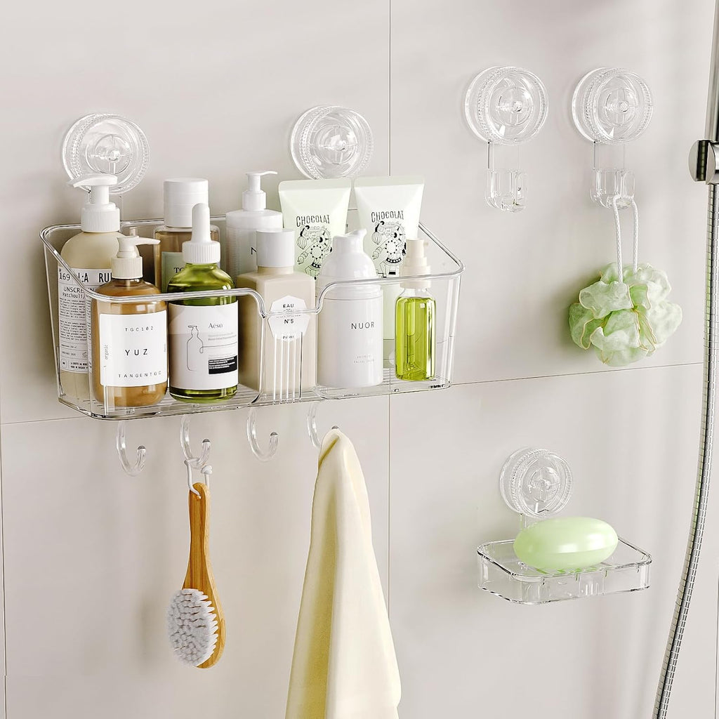 LUXEAR Shower Caddy Suction Cup, No Drilling Strong Hold Shower Organizer with Hooks & Soap Dish Fast Draining Removable Reusable Bathroom Storage Shelf Friendly for Bathroom/Kitchen/RV 22LBS Capacity