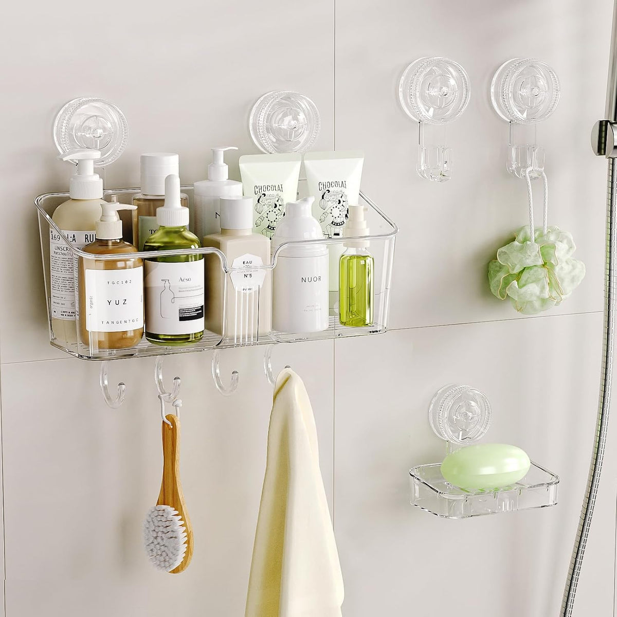 LUXEAR Shower Caddy Suction Cup, No Drilling Strong Hold Shower Organizer with Hooks & Soap Dish Fast Draining Removable Reusable Bathroom Storage Shelf Friendly for Bathroom/Kitchen/RV 22LBS Capacity