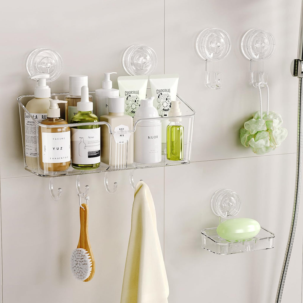 LUXEAR Shower Caddy Suction Cup, No Drilling Strong Hold Shower Organizer with Hooks & Soap Dish Fast Draining Removable Reusable Bathroom Storage Shelf Friendly for Bathroom/Kitchen/RV 22LBS Capacity
