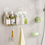 LUXEAR Shower Caddy Suction Cup, No Drilling Strong Hold Shower Organizer with Hooks & Soap Dish Fast Draining Removable Reusable Bathroom Storage Shelf Friendly for Bathroom/Kitchen/RV 22LBS Capacity