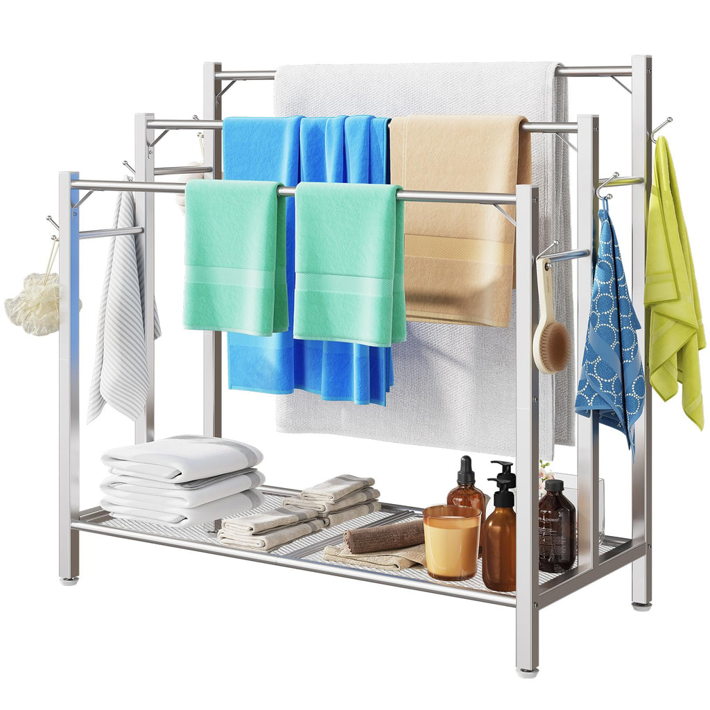 HavenlyYouth 3 Tier Towel Rack with Large Storage & 6 Hooks, Blanket Rack for Oversized Bath Towels, Free Standing Pool Towel Rack Stand for Bathroom Pool Indoor/Outdoor, 35.8" H x 31.5" L x 11.8" W