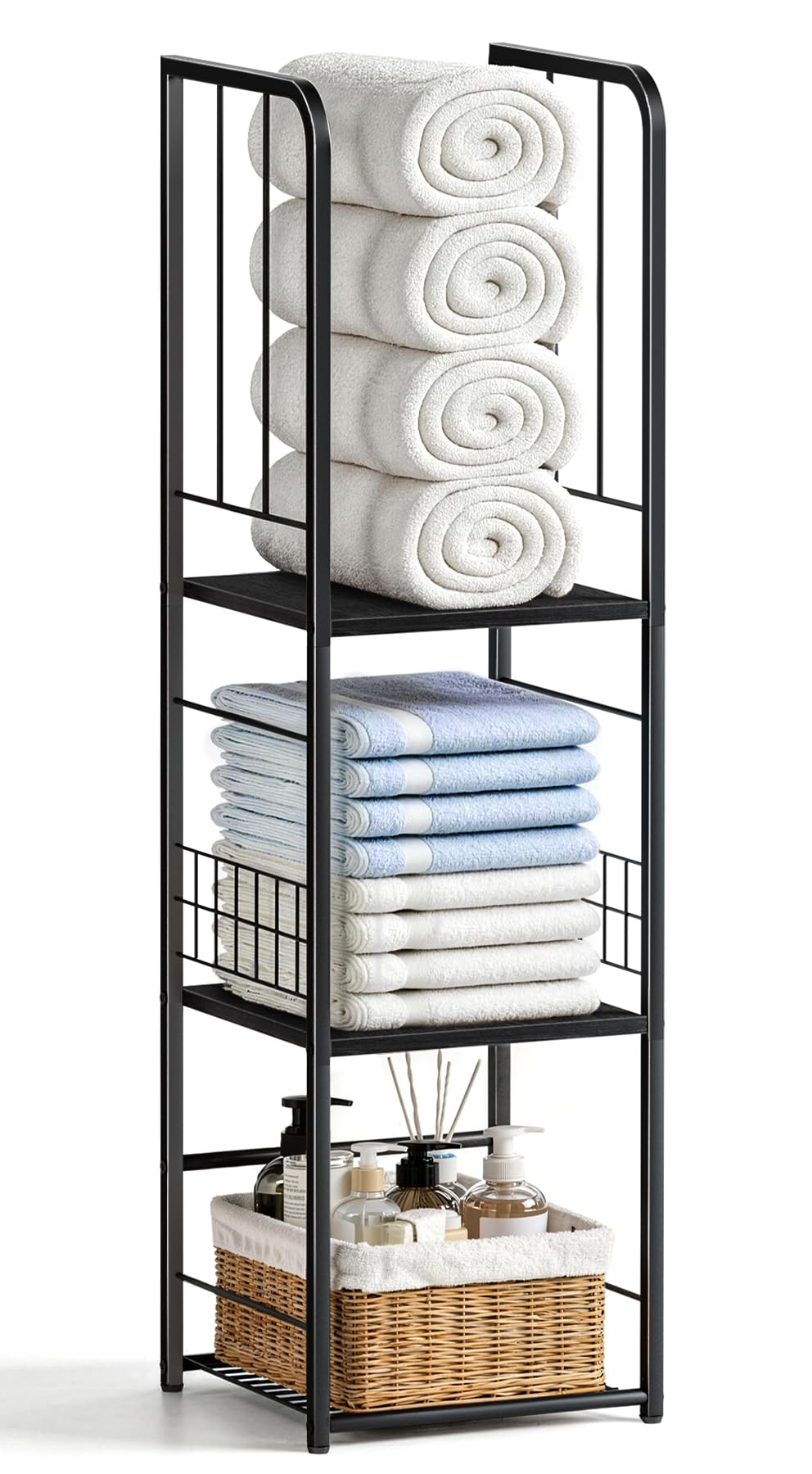KIMBORA Narrow Towel Storage for Bathroom, 3-Tier Free Standing Bathroom Towel Rack Organizer with Shelf for Small Bath, Pool, Brown