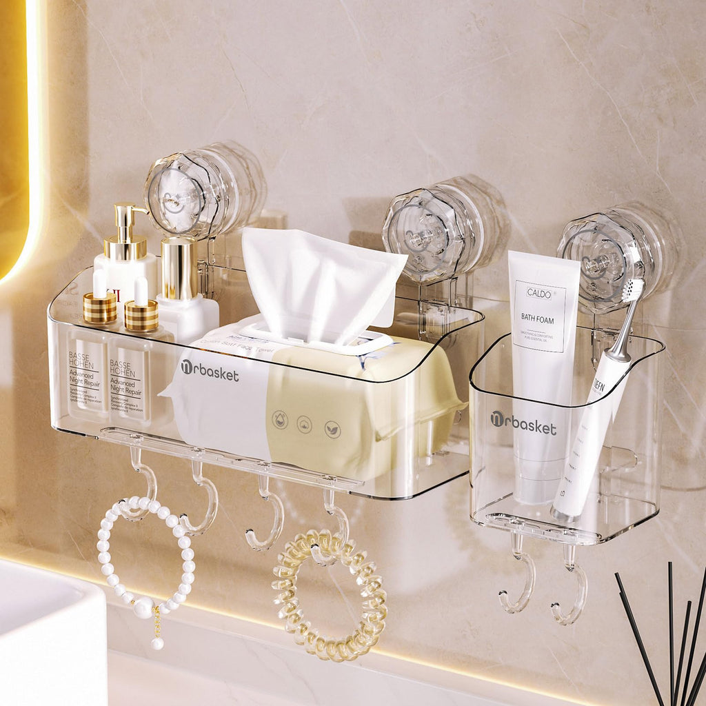 Shower Caddy Suction Cup, Wall Mounted Suction Shower Rack Organizer, No Drilling Clear Shelf Basket with 4 Movable Hooks, Bathroom Storage Rack Suitable for Smooth Walls