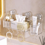 Shower Caddy Suction Cup, Wall Mounted Suction Shower Rack Organizer, No Drilling Clear Shelf Basket with 4 Movable Hooks, Bathroom Storage Rack Suitable for Smooth Walls