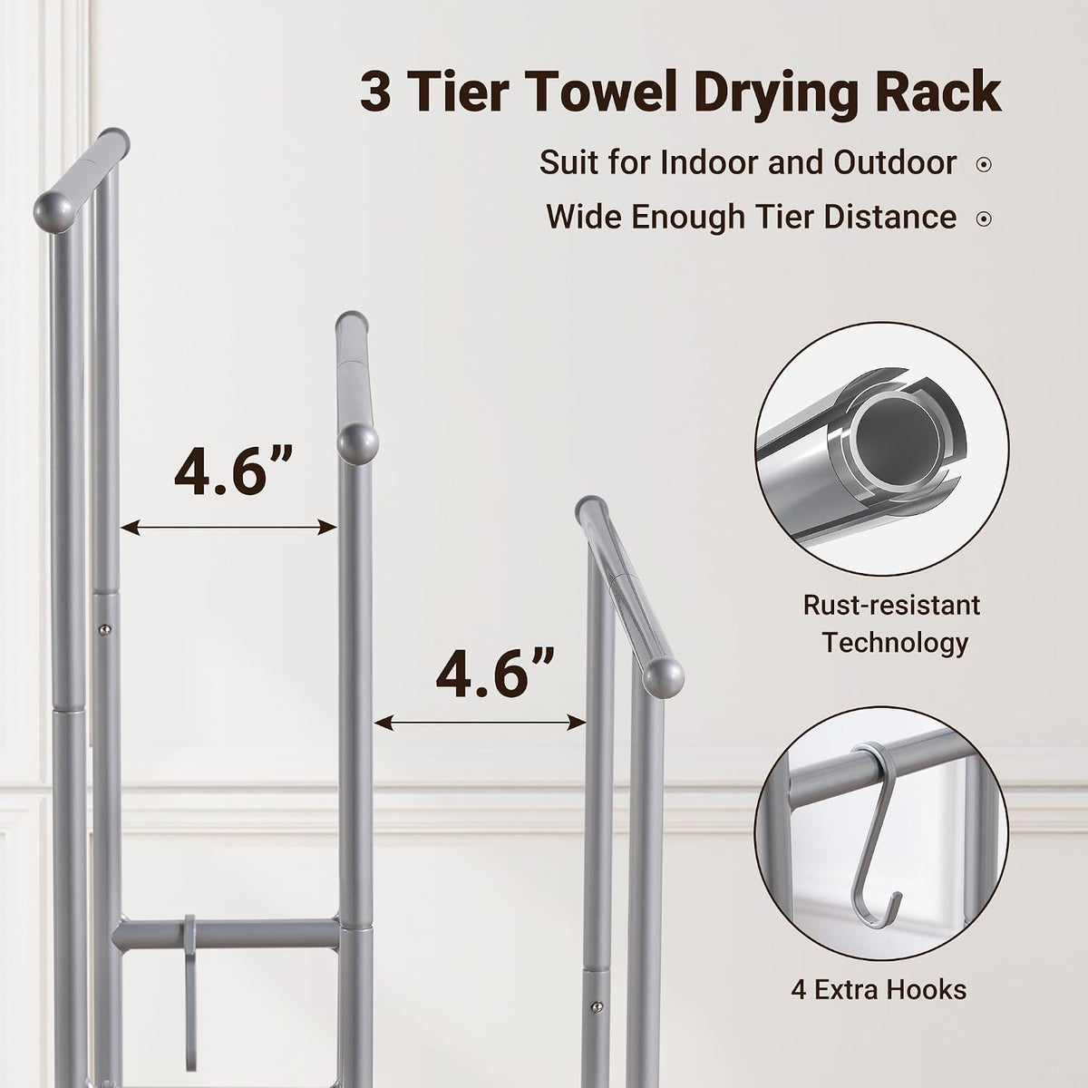 ELYKEN 3 Tier Freestanding Towel Rack with Shelf, 40" H Towel Stand, Silver