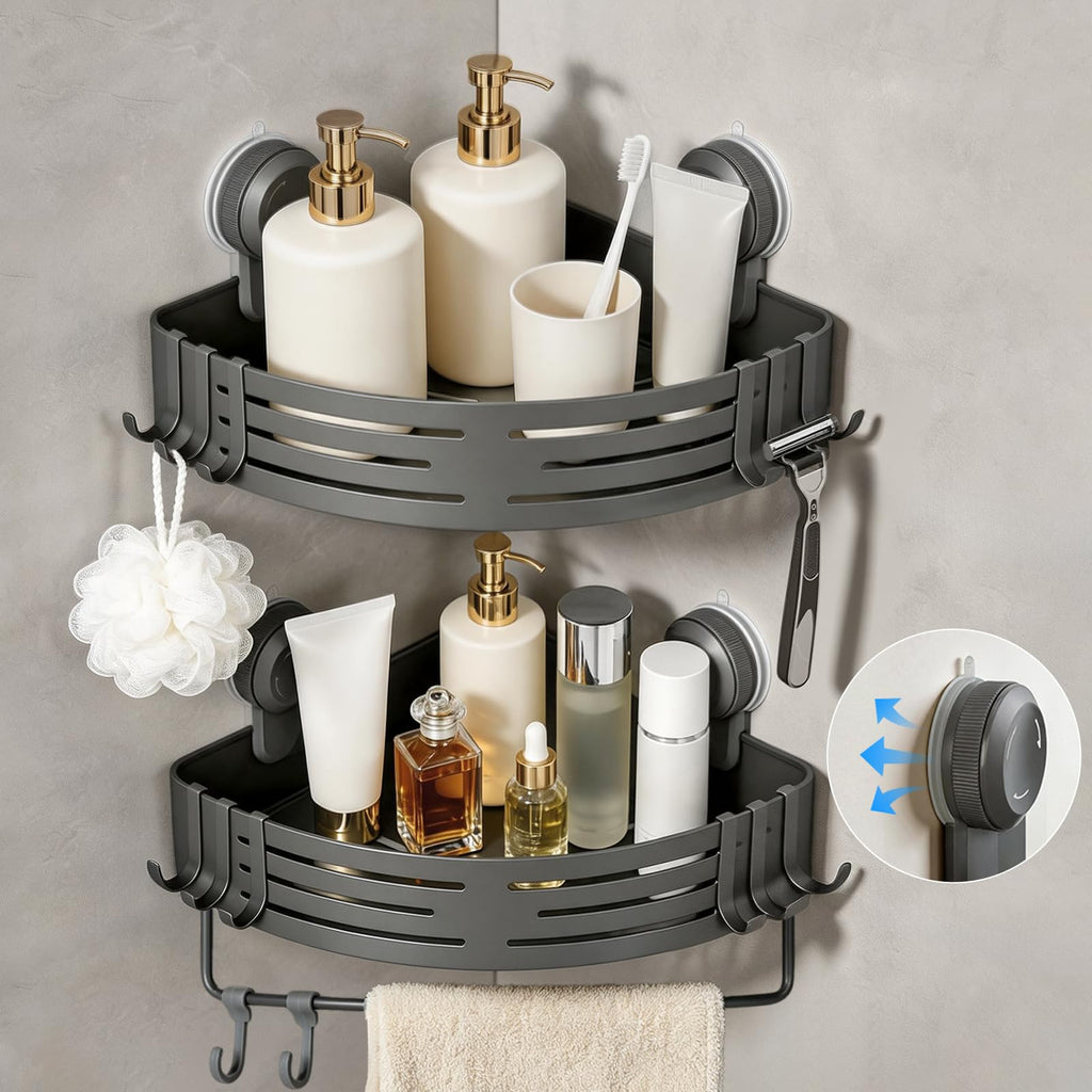 Lekesky Suction Cup Shower Caddy, No Drill Shower Shelf, Aluminum Rust Proof Bathroom Shower Organizer with 12 Hooks (2-Pack, Gunmetal Gray)