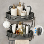 Lekesky Suction Cup Shower Caddy, No Drill Shower Shelf, Aluminum Rust Proof Bathroom Shower Organizer with 12 Hooks (2-Pack, Gunmetal Gray)