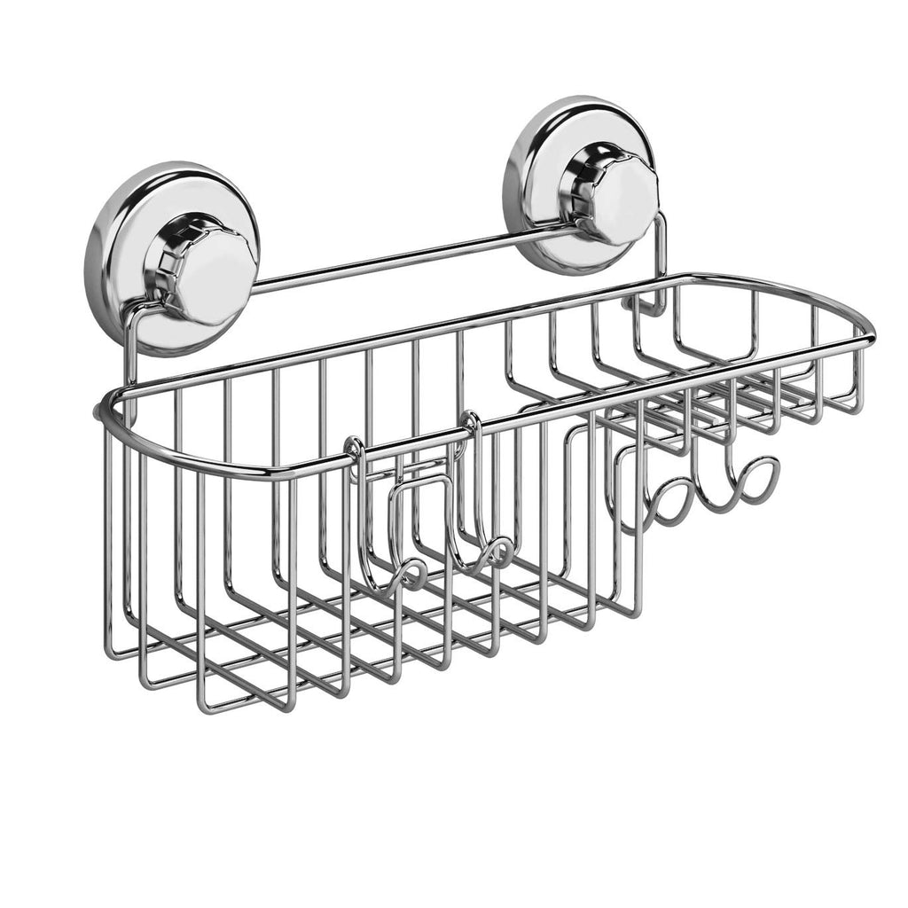 HASKO Suction Cup Shower Caddy Basket for Shampoo, Shower Suction Shelf Organizer, Basket with Soap Holder and Hooks, Stainless Steel Shampoo Holder for Bathroom Storage, Chrome