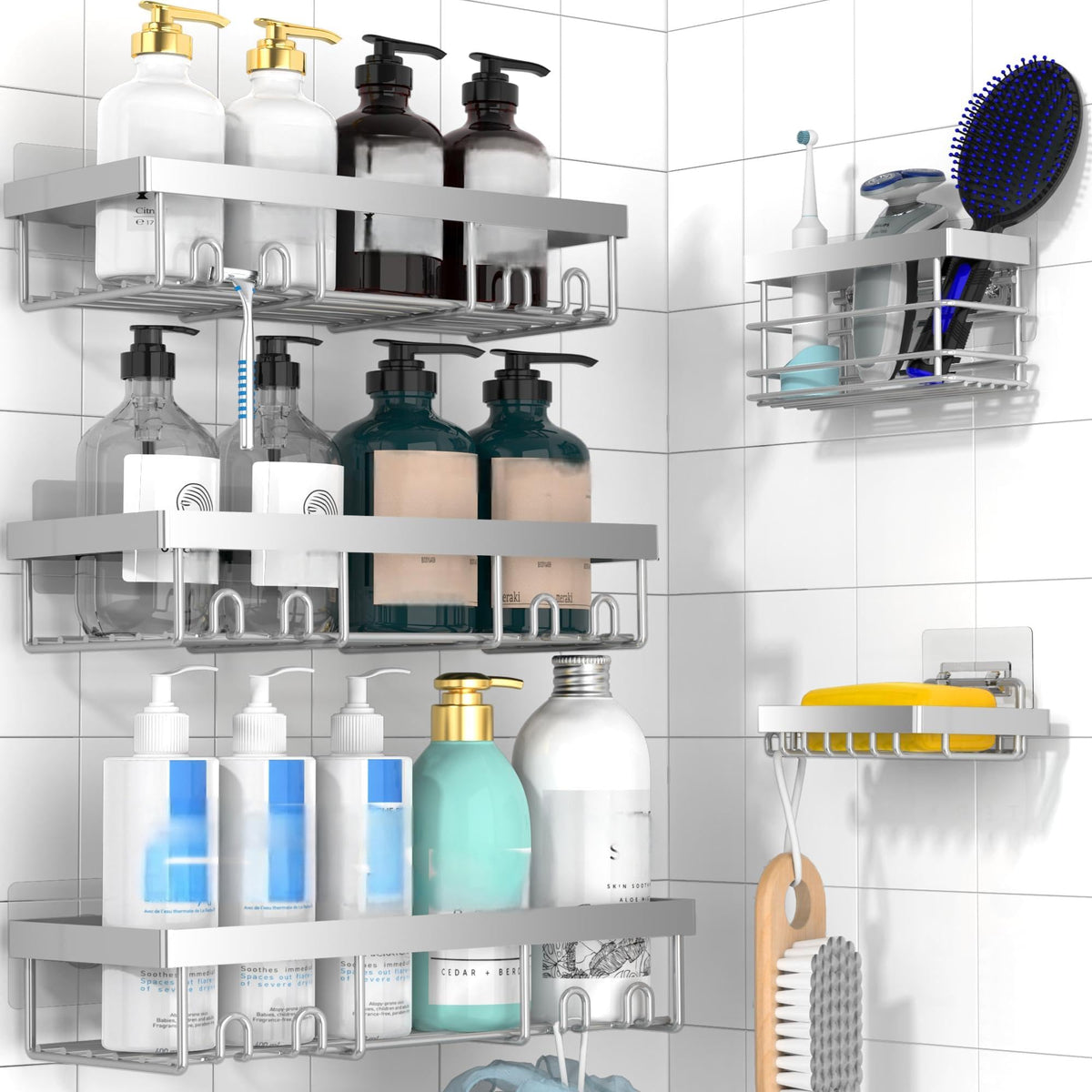 Moforoco 3-Pack Shower Caddy Basket Shelf with Soap Holder, No Drilling Traceless Adhesive Shower Wall Shelves, Rustproof Black Bathroom Shower Storage Organizer