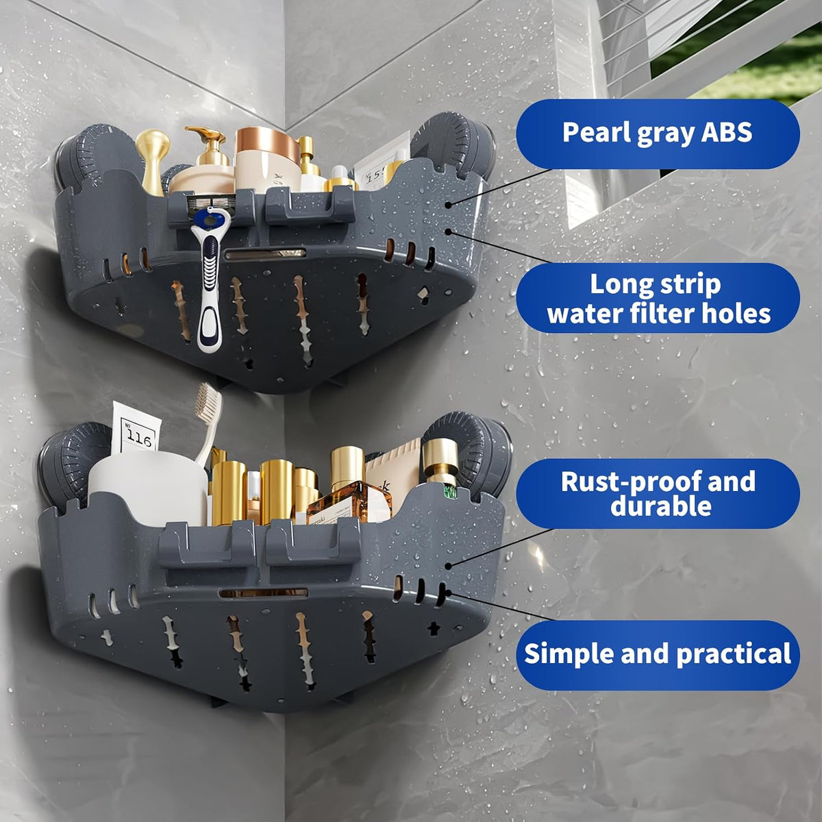 Ettori 2 Pack Corner Shower Caddy with 4 Suction Cups, Pearl Gray