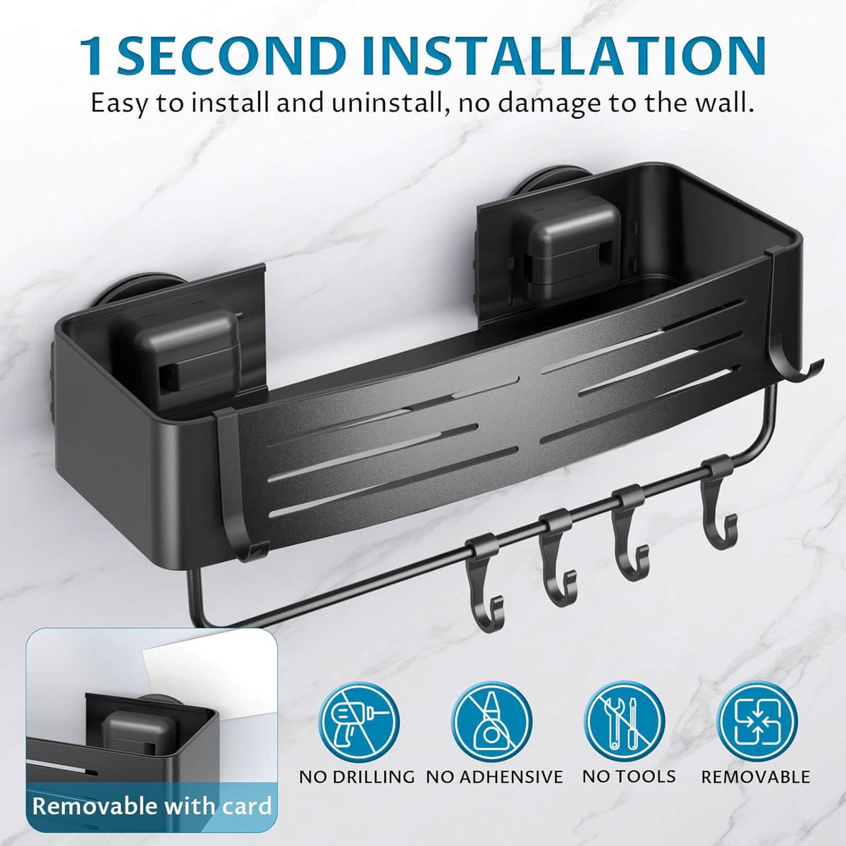 Onemake Suction Cup Shower Caddy, Shower Shelf, Bathroom Organizer, Black