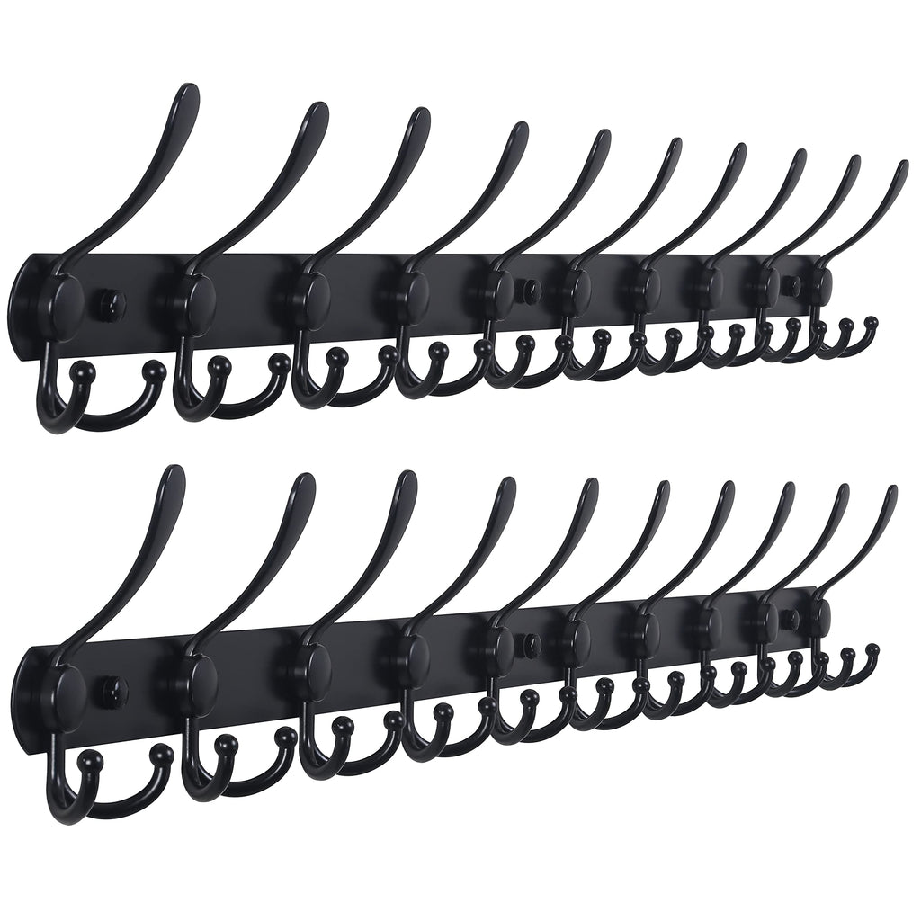 Dseap Coat Rack Wall Mounted - 5 Tri Hooks, Heavy Duty, Stainless Steel, Metal Coat Hook Rail for Coat Hat Towel Purse Robes Mudroom Bathroom Entryway (Black, 2 Packs)
