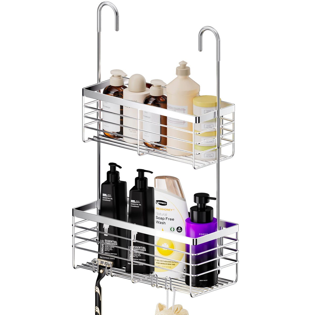 SHANSHUI Shower Hanging Caddy, Bathroom Shower Organizer Basket, Shampoo Bracket, Over Door Showers Rack with Hooks, 304 Stainless Steel Rustproof