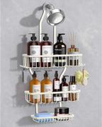 Shower Caddy Hanging - Never Rust Shower Hanging Organizer - Aluminum Over the ShowerHead Caddy with Soap Basket and 6 Hooks for Razor/Sponge (Black)