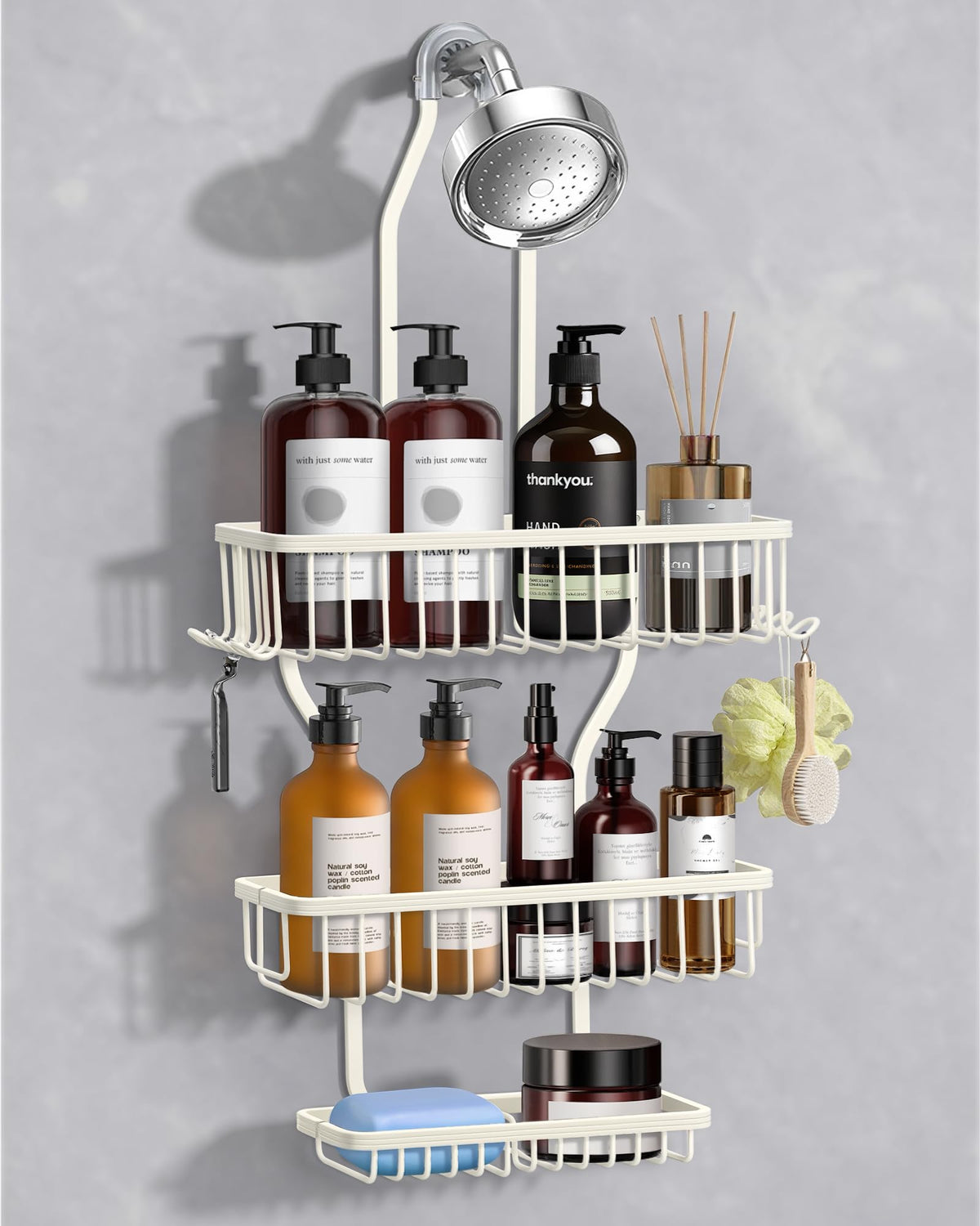Shower Caddy Hanging - Never Rust Shower Hanging Organizer - Aluminum Over the ShowerHead Caddy with Soap Basket and 6 Hooks for Razor/Sponge (Black)