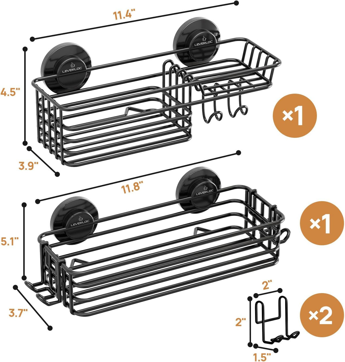 LEVERLOC Shower Caddy Suction Cup, 2 Pack Suction Shower Shelf With Hooks