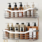 Orimade Shower Caddy Basket Shelf with 5 Hooks Adhesive Organizer Storage Rack Rust Resistant Wall Mounted Stainless Steel No Drilling for Bathroom, Toilet, Kitchen - 2 Pack