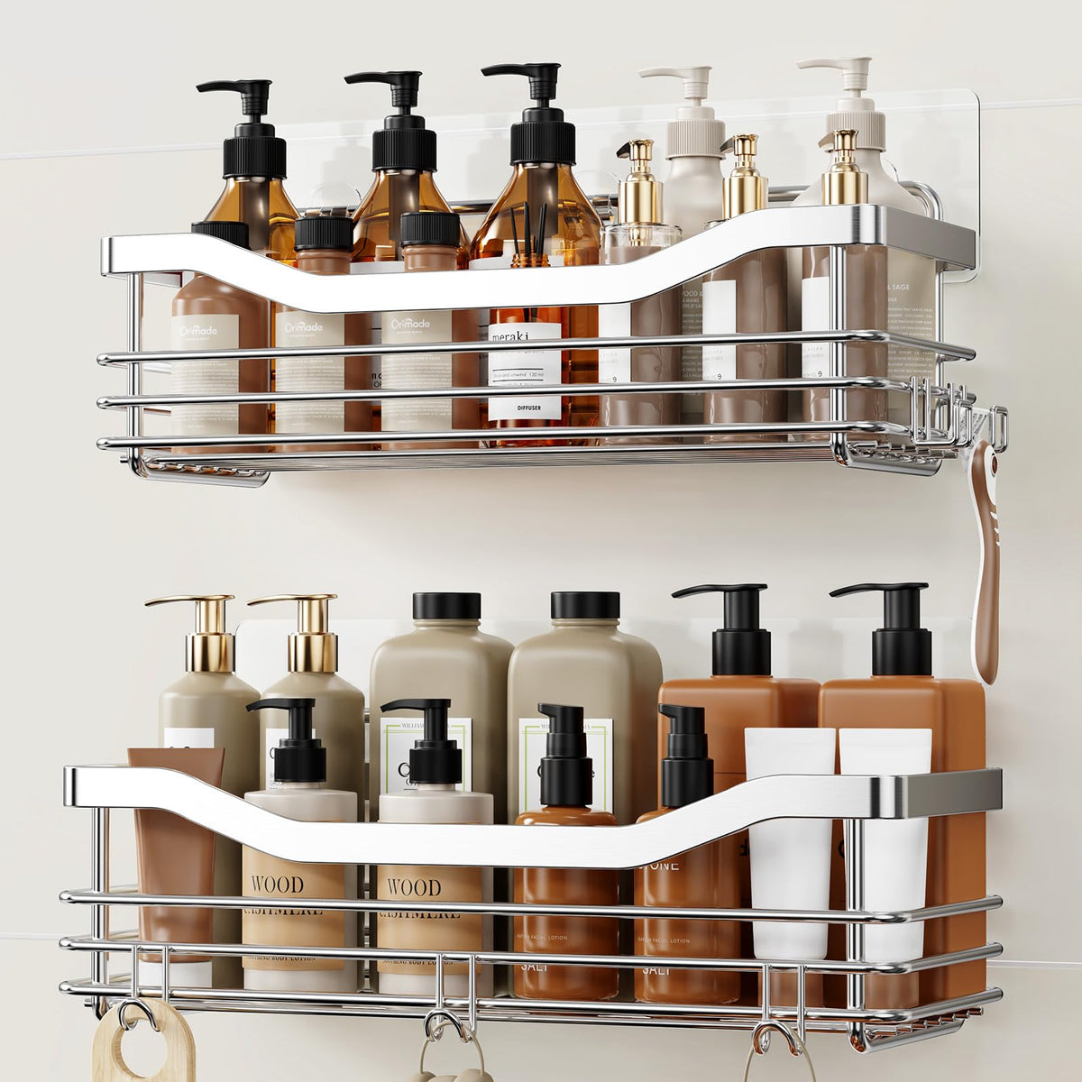 Orimade Shower Caddy Basket Shelf Storage Rack, No Drilling Wall Mounted Adhesive Rust Resistant Stainless Steel Shower Organizer with 5 Hooks for Bathroom, Black 2 Pack