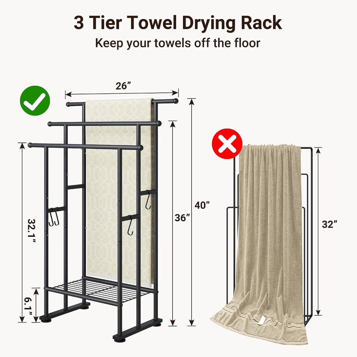 ELYKEN 3 Tier Freestanding Towel Rack with Shelf, 40" H Towel Stand, Black