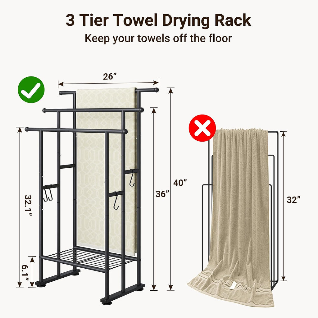ELYKEN 3 Tier Freestanding Towel Rack with Shelf, 40" H Towel Stand, Black