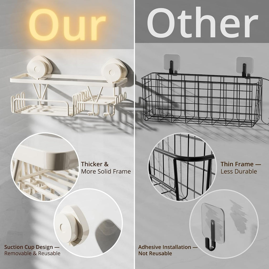 KEGII Suction Cup Shower Caddy with Soap & Razor Holder, Hooks, Cream White