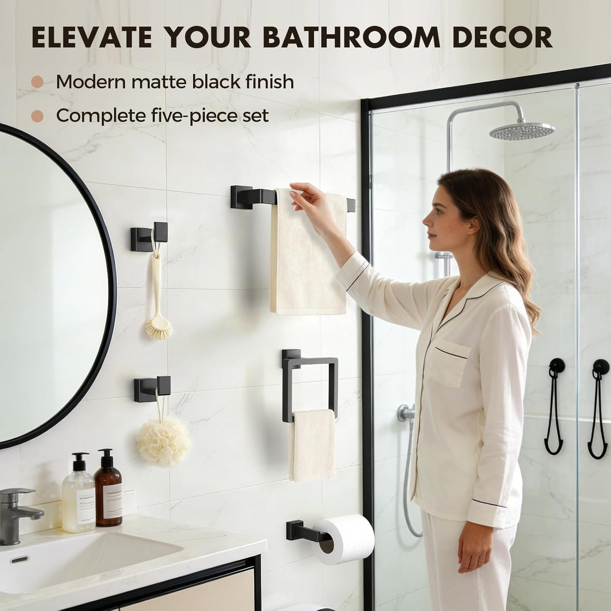 5-Pieces Matte Black Bathroom Accessories Set, 16 Inch Bath Towel Bar Set