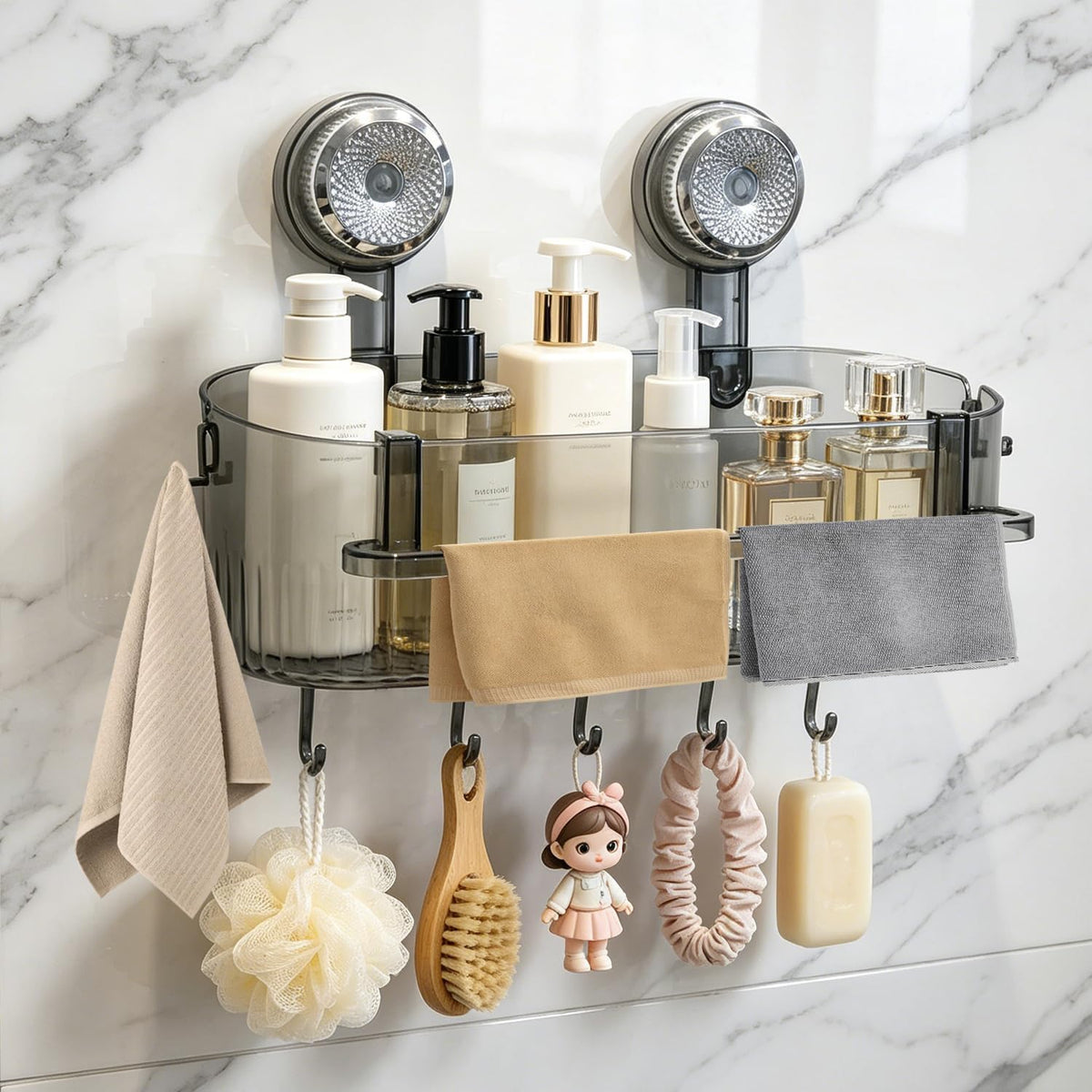 Abnaok 2026 Upgraded Bathroom Suction Storage Box, No Drill Bathroom Shelves with Drain Holes, Towel Rack, and Hooks, Load-Bearing, Removable Suction Cup Shower Caddy for Bathroom, Kitchen