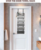 Aetyord Hanging Towel Racks for Bathroom No Drill - 6-Tier Over The Door Bath Towel Storage Organizer for Small Bathrooms - Tiered Back of Door Towel Holder Hanger for Rolled Towels RV Camper Black