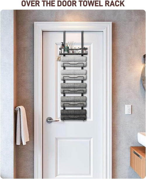 Aetyord Hanging Towel Racks for Bathroom No Drill - 6-Tier Over The Door Bath Towel Storage Organizer for Small Bathrooms - Tiered Back of Door Towel Holder Hanger for Rolled Towels RV Camper Black