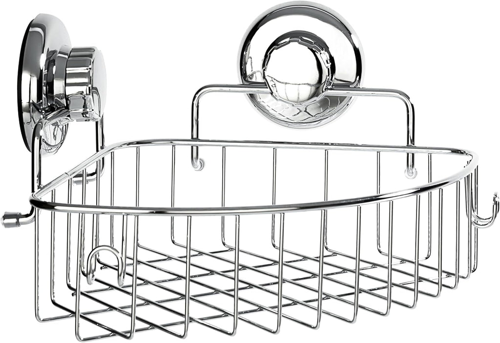 HASKO accessories Corner Shower Caddy with Suction Cups and 3M Adhesive Mounting Discs for porous surfaces - Stainless Steel Basket for Bathroom Storage (Chrome)