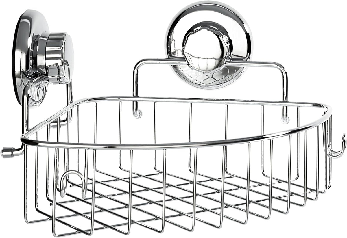 HASKO accessories Corner Shower Caddy with Suction Cups and 3M Adhesive Mounting Discs for porous surfaces - Stainless Steel Basket for Bathroom Storage (Chrome)
