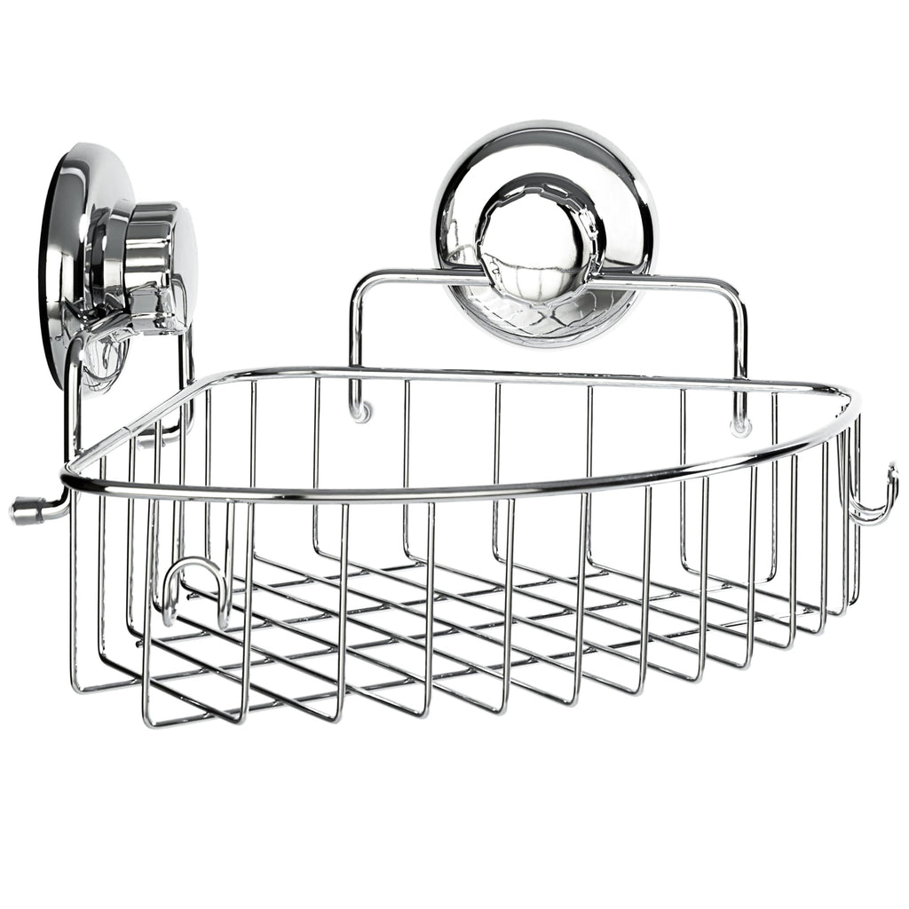 HASKO accessories Corner Shower Caddy with Suction Cups and 3M Adhesive Mounting Discs for porous surfaces - Stainless Steel Basket for Bathroom Storage (Chrome)
