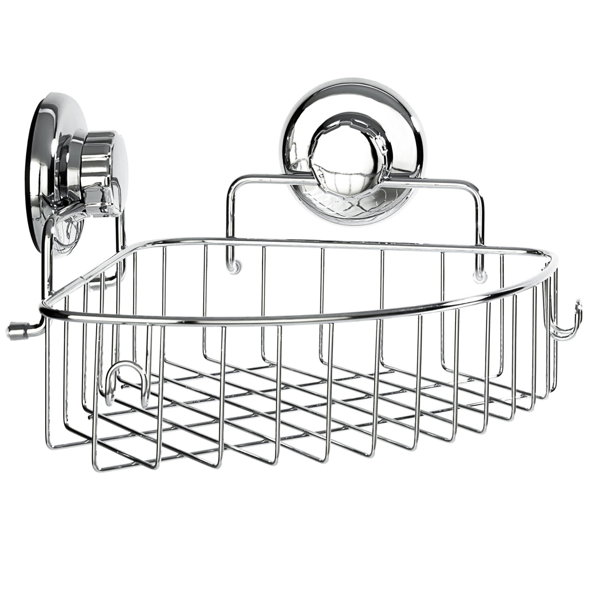 HASKO accessories Corner Shower Caddy with Suction Cups and 3M Adhesive Mounting Discs for porous surfaces - Stainless Steel Basket for Bathroom Storage (Chrome)