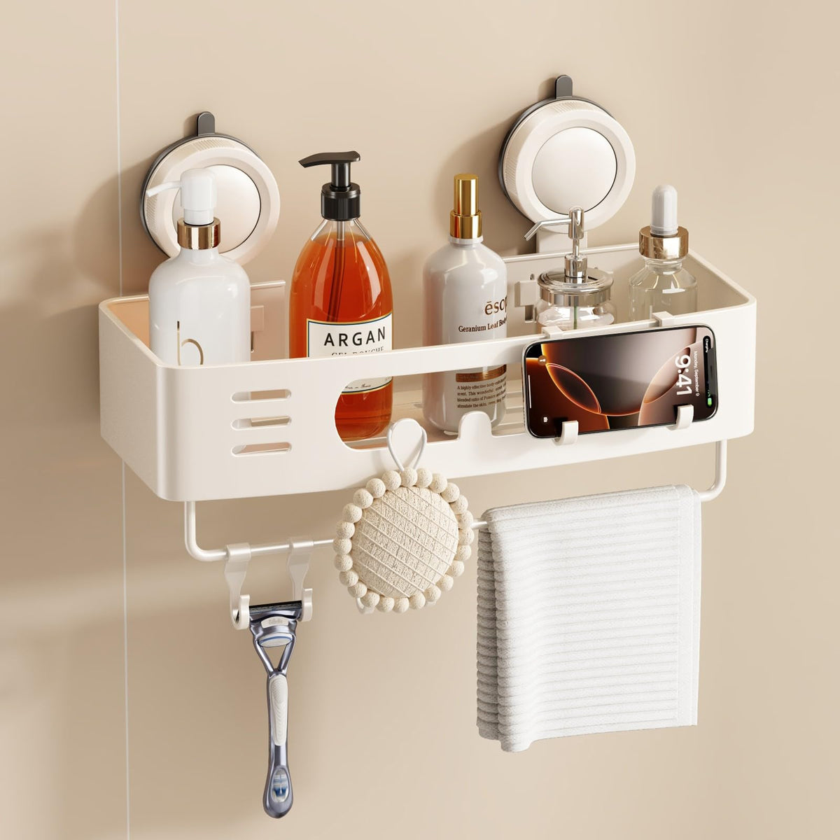 Voldra Corner Shower Caddy Suction Cup, Aluminum Corner Shower Shelves for Wall No Drilling, Large Suction Cup Shower Organizer with Towel Bar & Hooks Removable Bathroom Storage Rack(2 Pack-Gray)