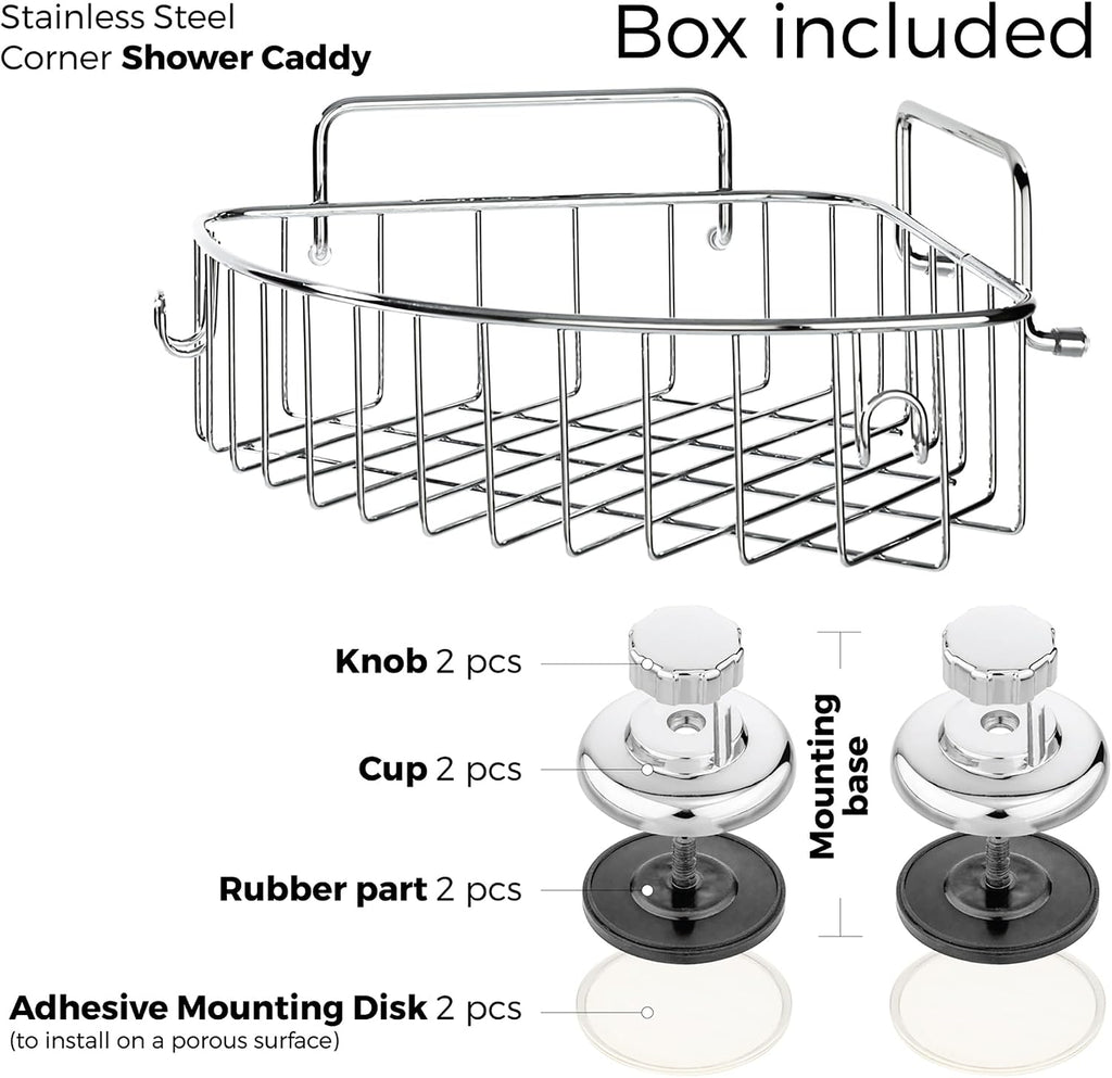 HASKO accessories Corner Shower Caddy with Suction Cups and 3M Adhesive Mounting Discs for porous surfaces - Stainless Steel Basket for Bathroom Storage (Chrome)