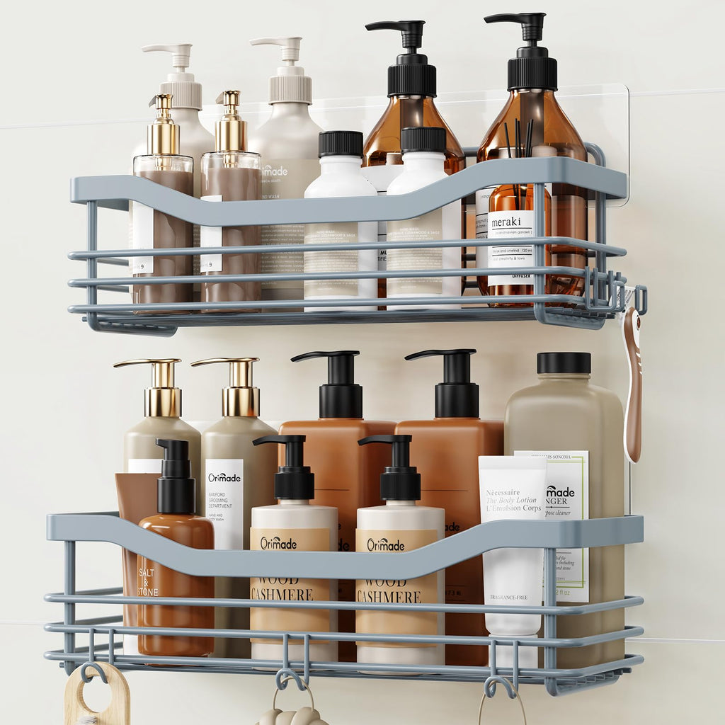 Orimade Shower Caddy Basket Shelf Storage Rack, No Drilling Wall Mounted Adhesive Rust Resistant Stainless Steel Shower Organizer with 5 Hooks for Bathroom, Black 2 Pack