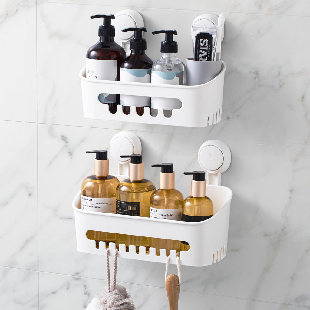 LEVERLOC Shower Caddy Suction Cup, Shower Organizer Removable Bathroom Shelf, Storage Suction Powerful Max Hold 22lbs Bathroom Caddy Waterproof Holder, White