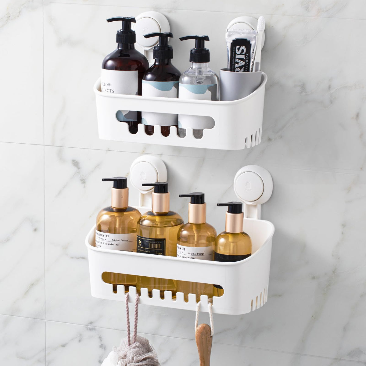 LEVERLOC Shower Caddy Suction Cup, Shower Organizer Removable Bathroom Shelf, Storage Suction Powerful Max Hold 22lbs Bathroom Caddy Waterproof Holder, White