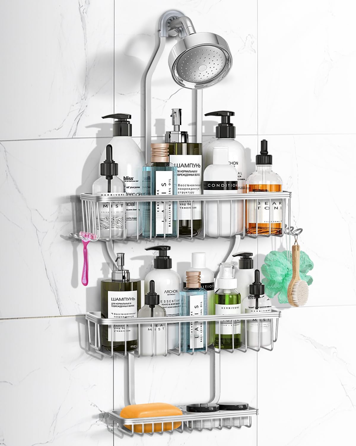 Shower Caddy Hanging - Never Rust Shower Hanging Organizer - Aluminum Over the ShowerHead Caddy with Soap Basket and 6 Hooks for Razor/Sponge (Black)