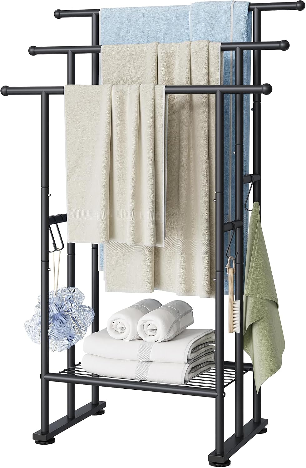 ELYKEN 3 Tier Freestanding Towel Rack with Shelf, 40" H Towel Stand, Black