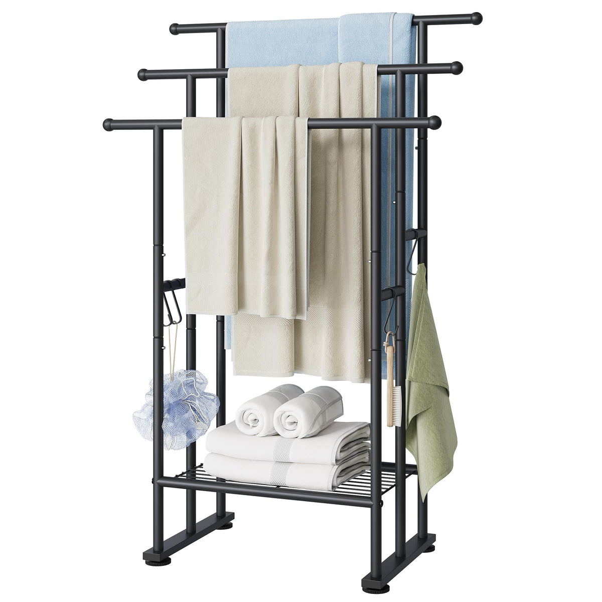 ELYKEN 3 Tier Freestanding Towel Rack with Shelf, 40" H Towel Stand, Black