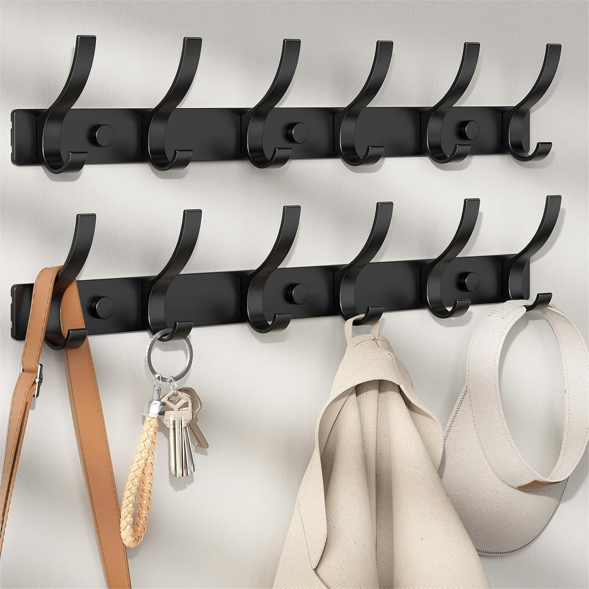 Optish Coat Rack Wall Mount, Wall Hooks for Hanging, Entry Coat Hooks Coat Hanger, Hat Rack Holder for Wall, Key Holder Purse Racks, Towel Rack for Bathrooms (2 Pack, Black)