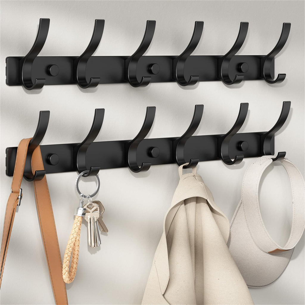 Optish Coat Rack Wall Mount, Wall Hooks for Hanging, Entry Coat Hooks Coat Hanger, Hat Rack Holder for Wall, Key Holder Purse Racks, Towel Rack for Bathrooms (2 Pack, Black)