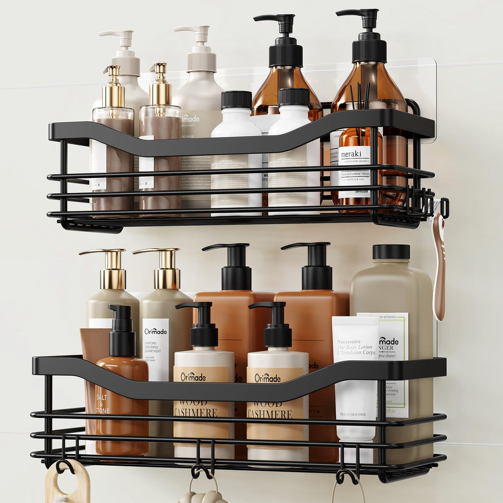 Orimade Shower Caddy Basket Shelf with 5 Hooks Adhesive Organizer Storage Rack Rust Resistant Wall Mounted Stainless Steel No Drilling for Bathroom, Toilet, Kitchen - 2 Pack