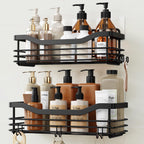 Orimade Shower Caddy Basket Shelf with 5 Hooks Adhesive Organizer Storage Rack Rust Resistant Wall Mounted Stainless Steel No Drilling for Bathroom, Toilet, Kitchen - 2 Pack