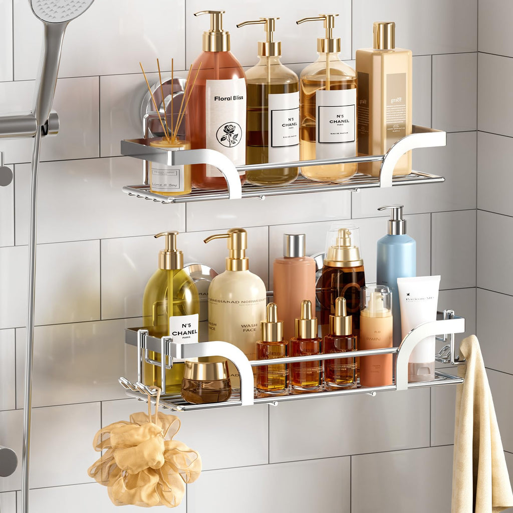 TAILI Shower Caddy Suction Cup 2 Pack with Hooks and Soap Holder, Silver