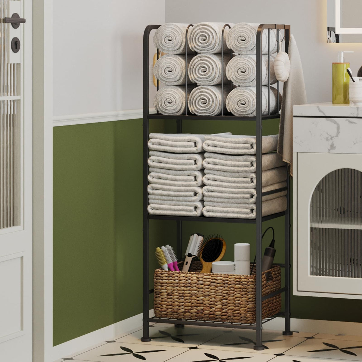 3-Tier Freestanding Cabinet Towel Rack Metal Stand