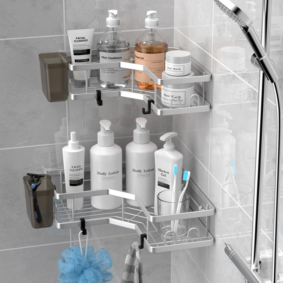 AKTECKE Corner Shower Caddy, 2 Pack Adhesive Shower Corner Organizer Shelves, No Drilling Stainless Steel Shower Storage Rack with Hooks&Toothpaste Holder for Bathroom Kitchen （for 90° Corners Only）