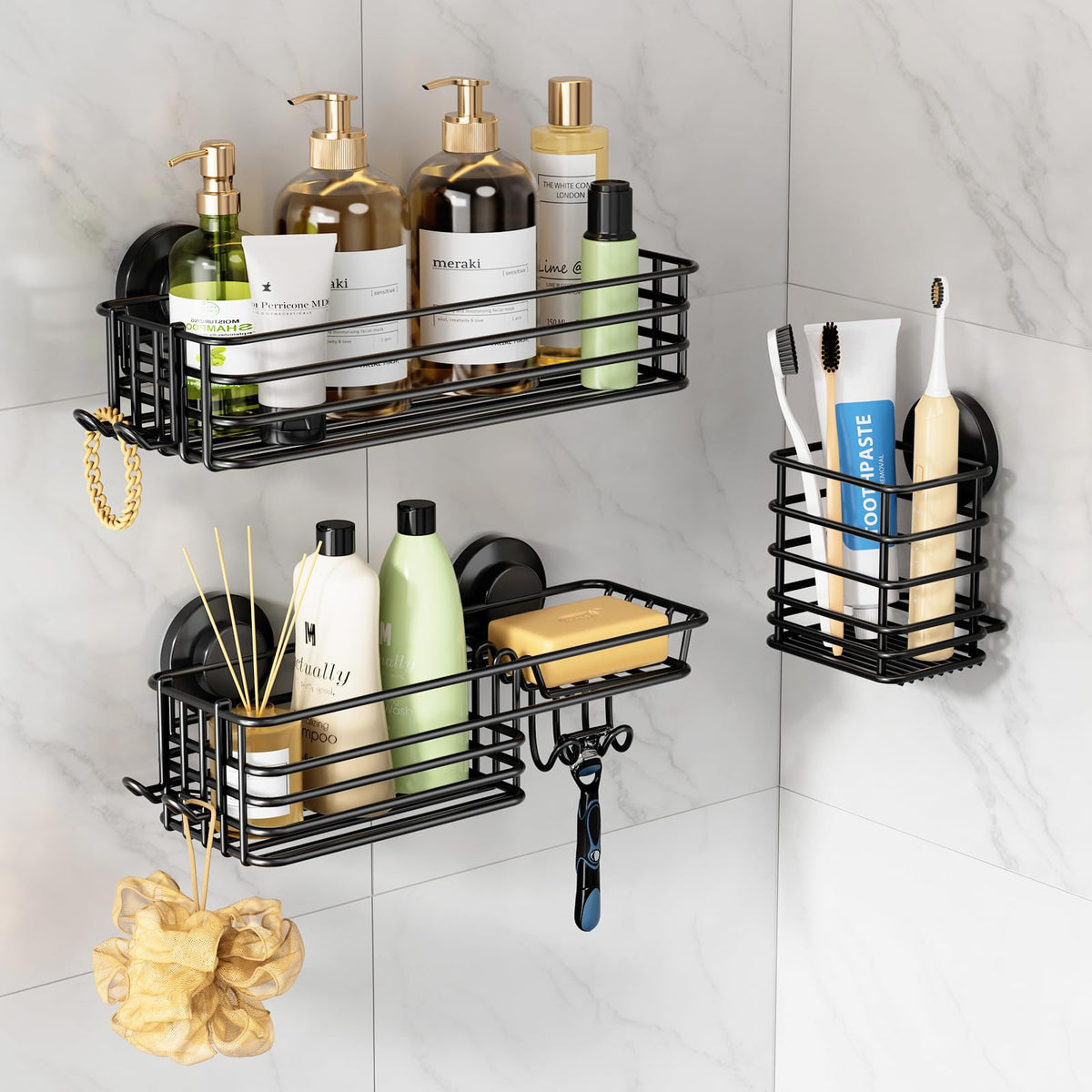 LEVERLOC Shower Caddy Suction Cup, 2 Pack Suction Shower Shelf With Hooks