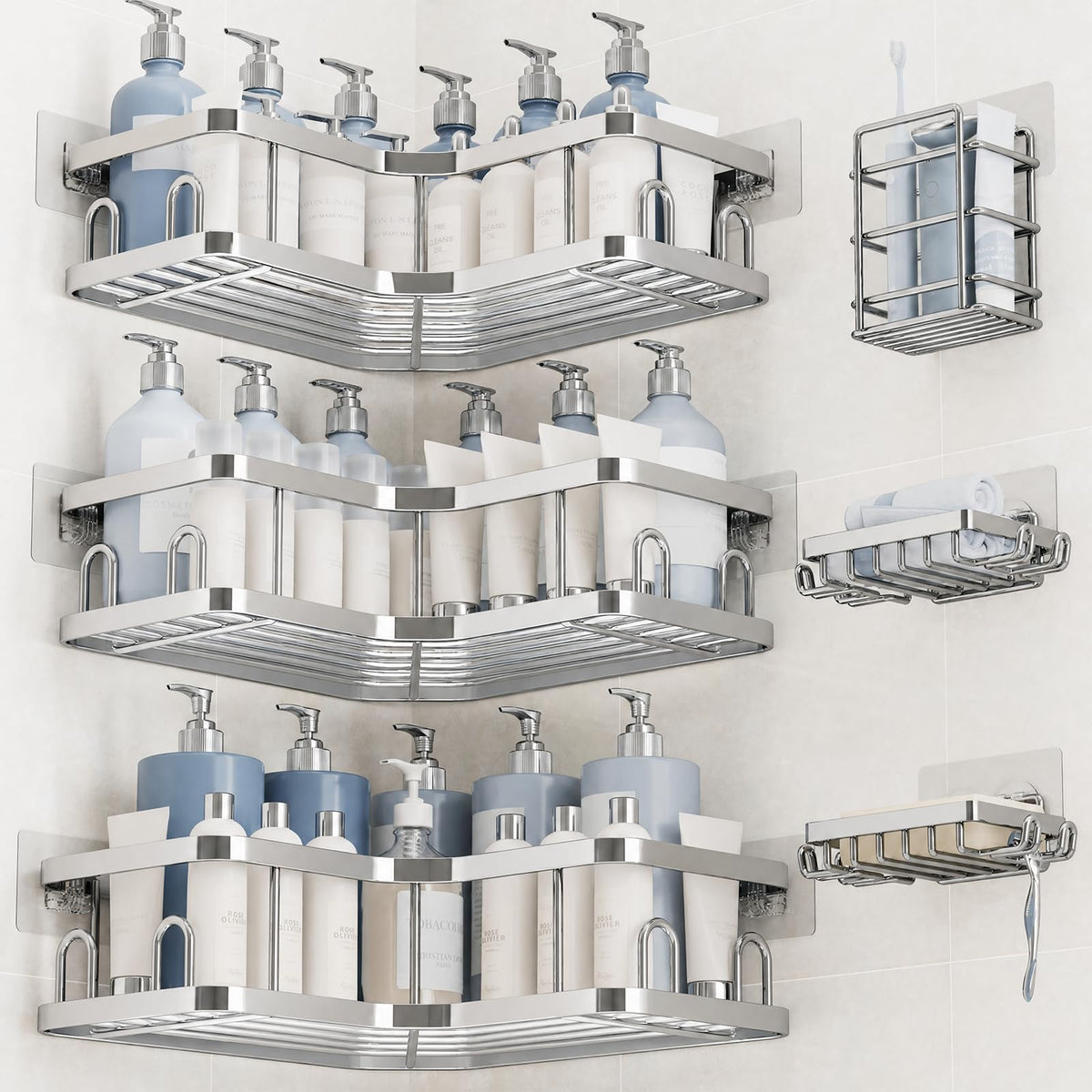 Veken Aluminum Corner Shower Caddy 4-Pack, Never Rust&Large Capacity, Grey